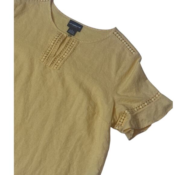 Vintage Liz Claiborne Linen Cotton Blend Blouse Large Yellow Eyelet Short Sleeve - Picture 4 of 8